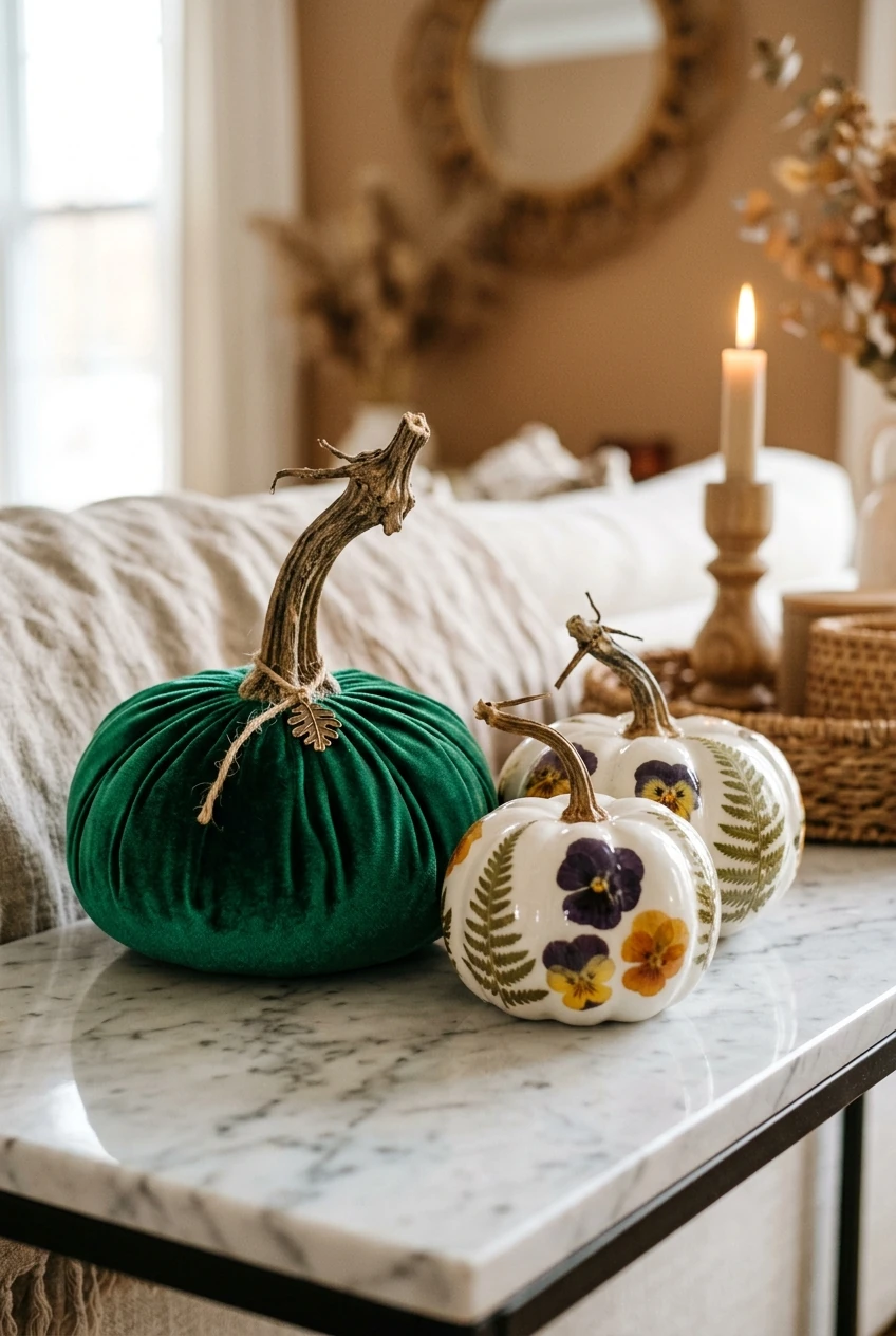4. Plush Velvet & Pressed Botanical Decoupage Pumpkins - halloween crafts (AI Generated Image)