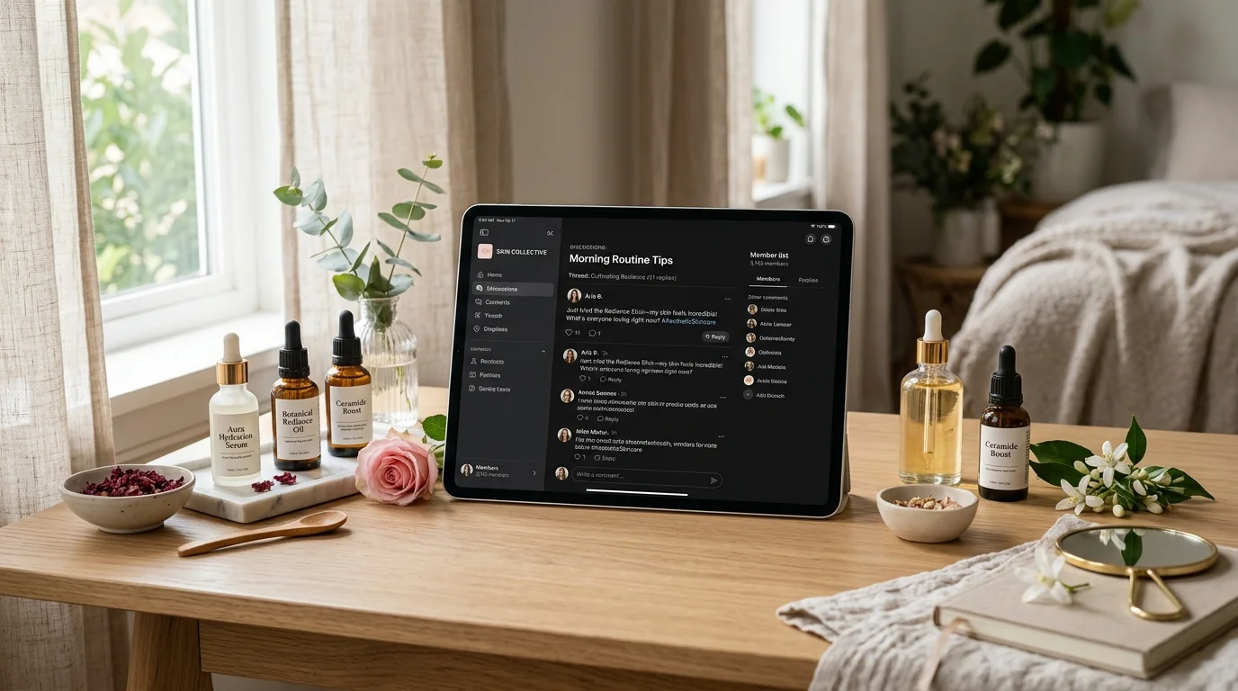 Aesthetic vanity desk with tablet displaying private skincare community discussion alongside clean cosmetic serum bottles