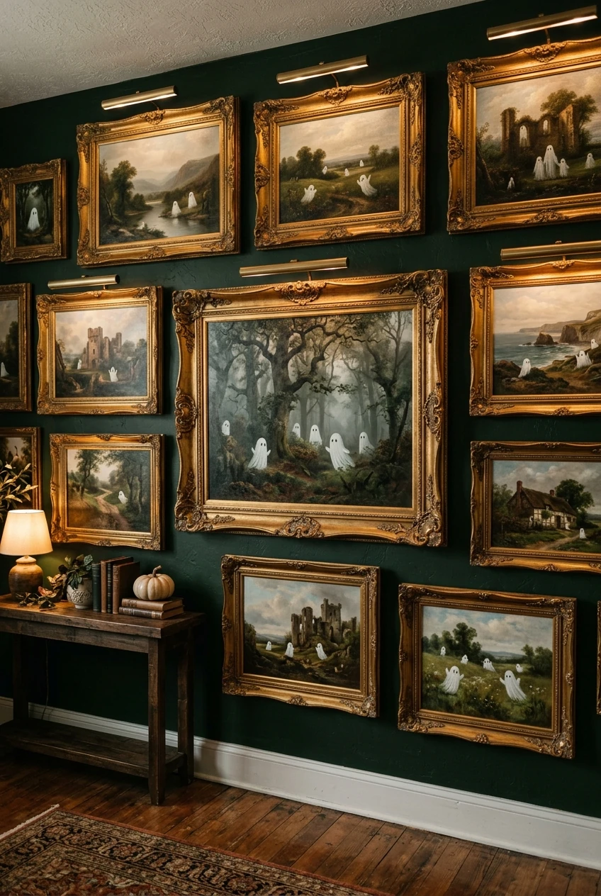 8. Thrifted Vintage Ghost Oil Painting Gallery Wall - halloween aesthetic (AI Generated Image)