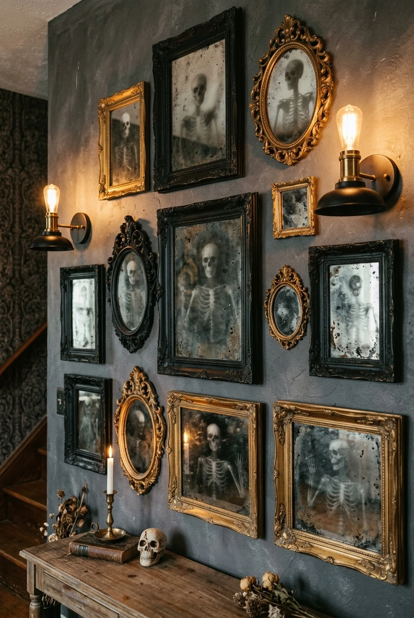 8. Thrifted Baroque Skeleton Mirror Gallery Wall - halloween crafts (AI Generated Image)