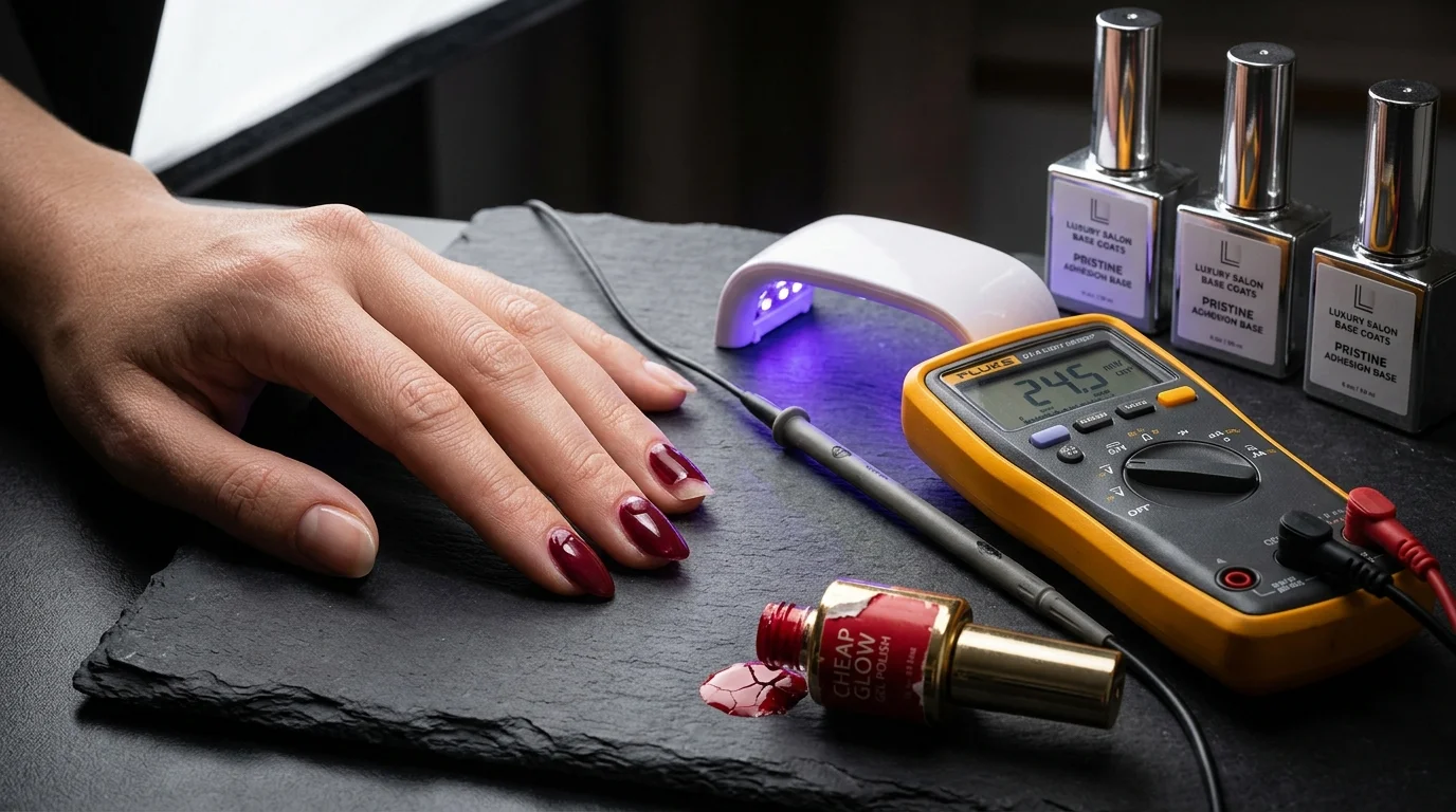 Manicured hand with peeling gel polish beside UV light meter, cracked budget polish bottle, and luxury salon base coats on dark slate.