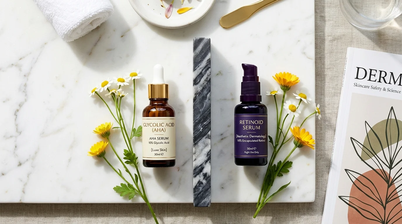 Luxury aesthetic vanity flatlay showing amber dropper bottle of Glycolic Acid and dark bottle of Retinoid Serum separated by a marble safety divider.