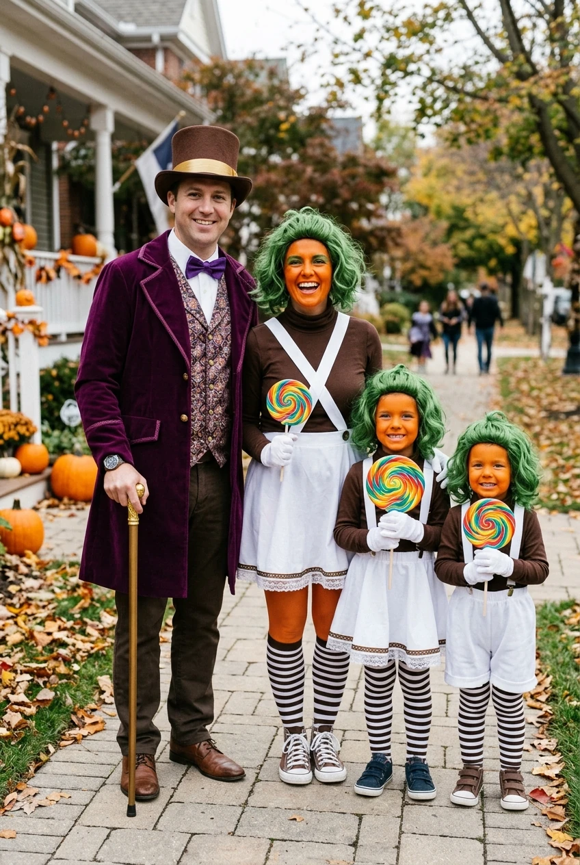 10 Creative Group Halloween Costumes for Trios, Squads & Families (2026) 19 7. Willy Wonka & The Golden Ticket Factory Crew - group halloween costumes (AI Generated Image)