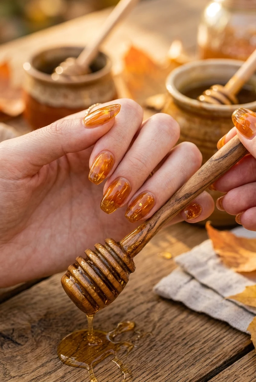 13. Amber Honey Jelly Nails - simple fall nails (AI Generated Image)