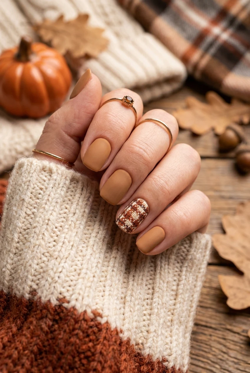 19. Autumn Tweed Texture Accent - simple fall nails (AI Generated Image)