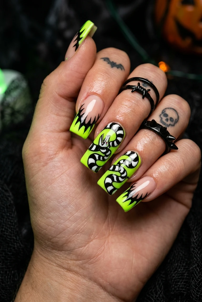 13. Beetlejuice Sandworm Black & Lime Green Spirals - coraline nails (AI Generated Image)