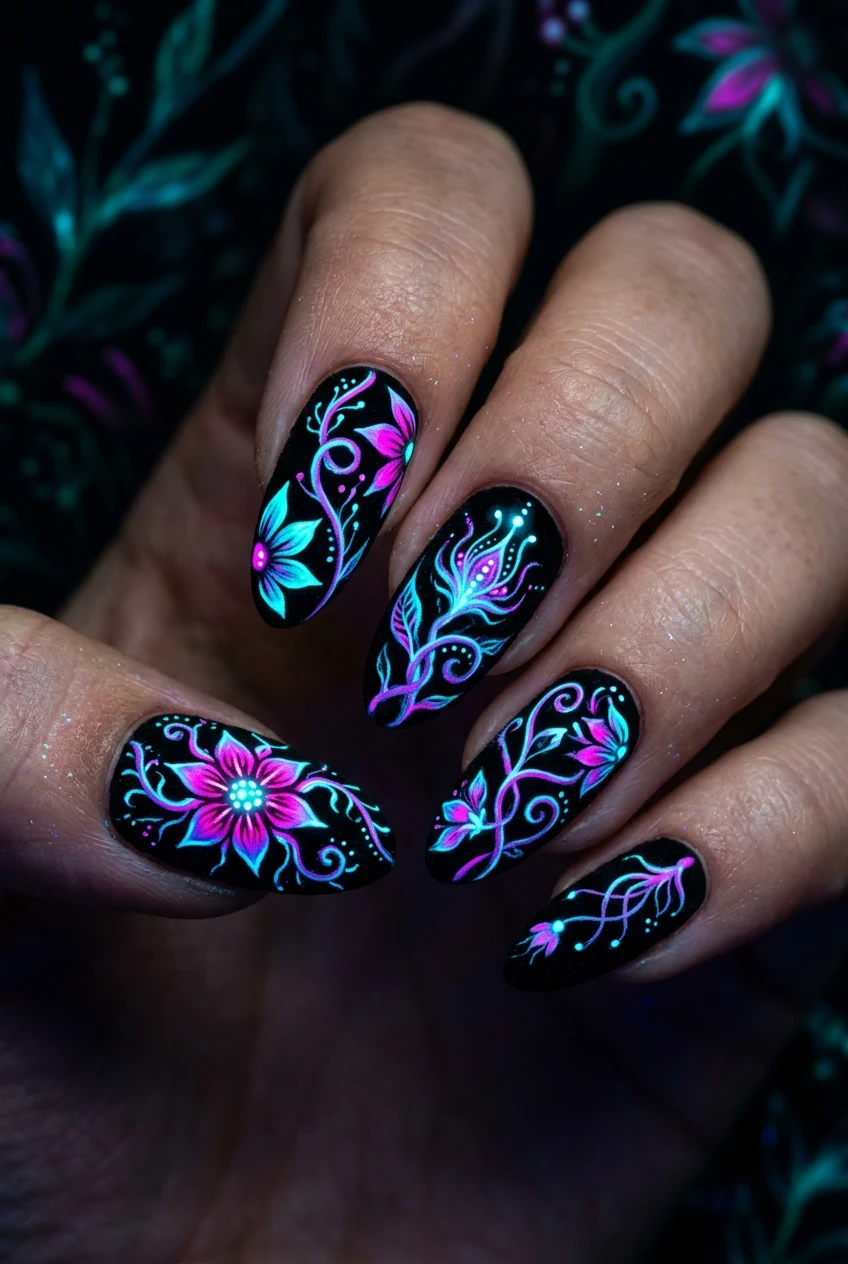 10. Bioluminescent Fantastic Garden Blooms - coraline nails (AI Generated Image)
