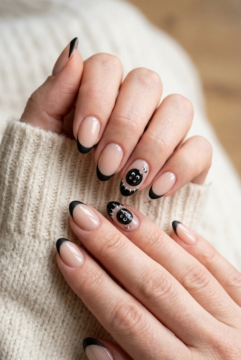 1. Black Button Eye Matte French Tips - coraline nails (AI Generated Image)