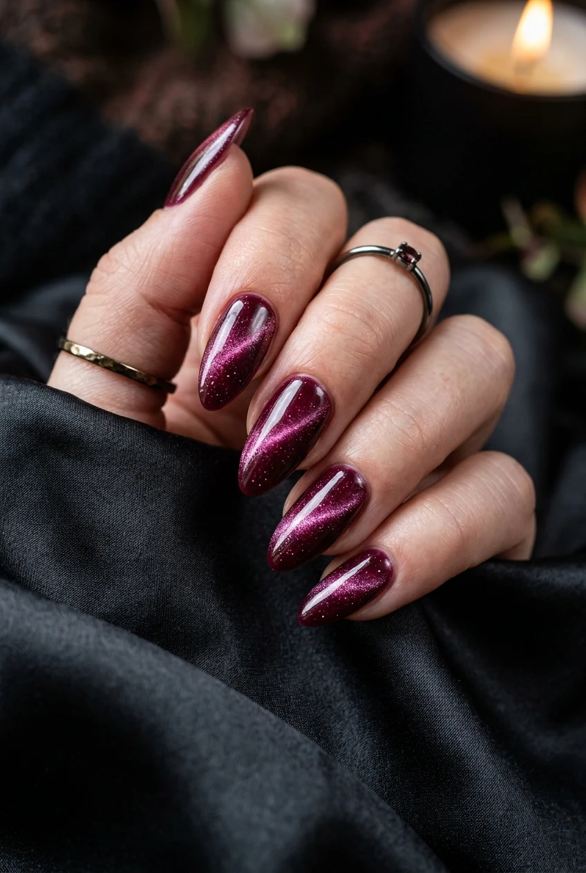 6. Blackberry Wine Velvet Cat Eye - fall cat eye nails (AI Generated Image)