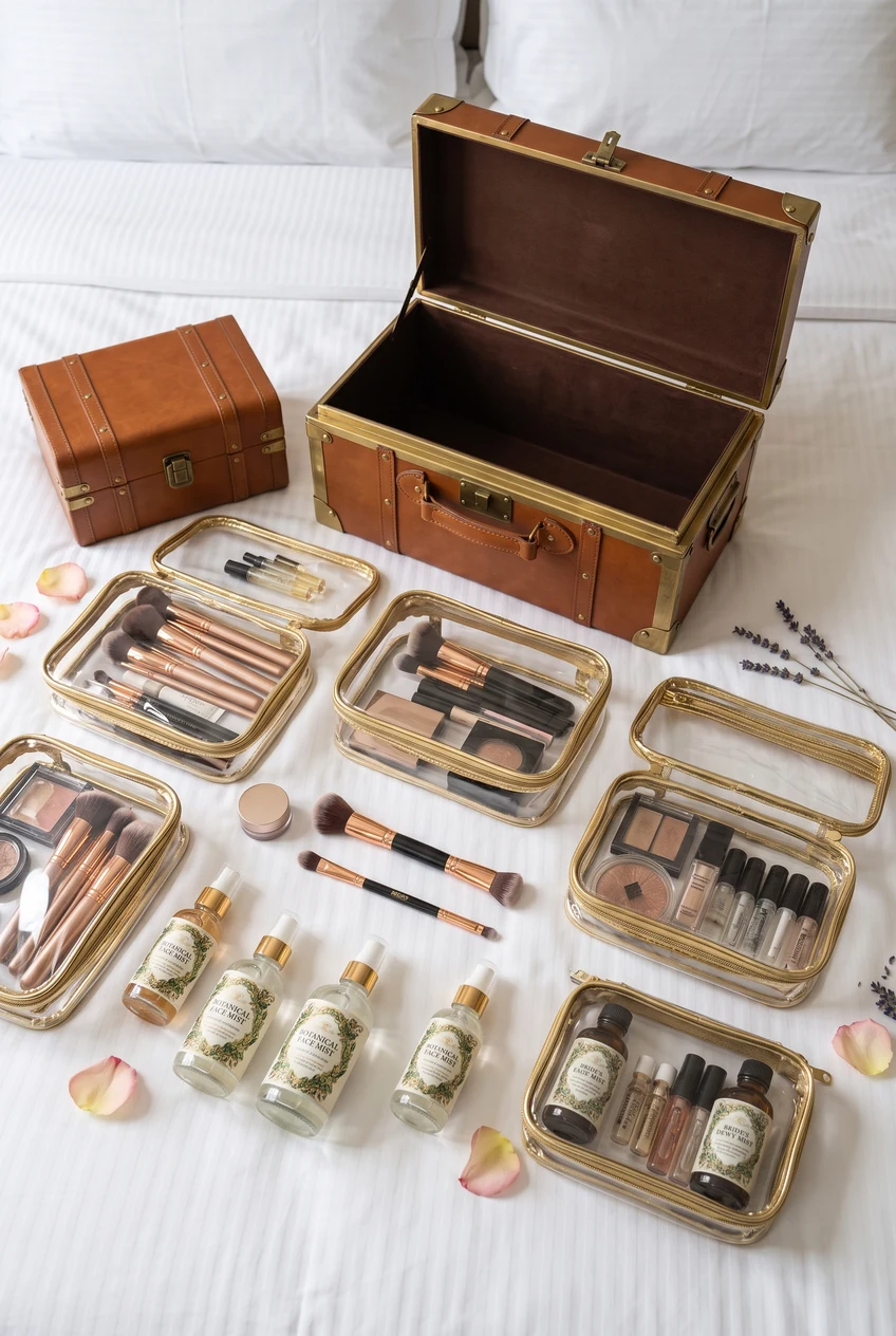 13. On-Location Bridal Suite Kit Flat Lay with Vintage Trunks - makeup artist aesthetic (AI Generated Image)