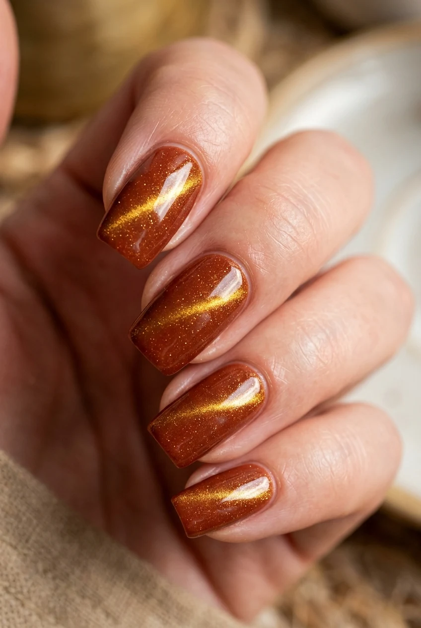 7. Burnt Sienna Diagonal Magnetic Stripe - fall cat eye nails (AI Generated Image)