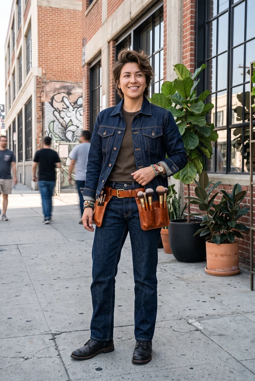 10. Chic Denim-on-Denim Set with Custom Leather Brush Belt - makeup artist aesthetic (AI Generated Image)