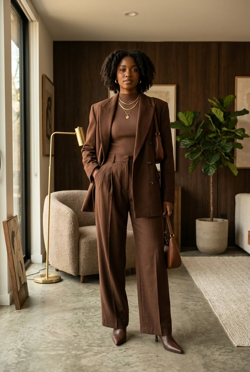 3. Chocolate Brown Monochrome Tailored Trouser Suit - thanksgiving outfit (AI Generated Image)