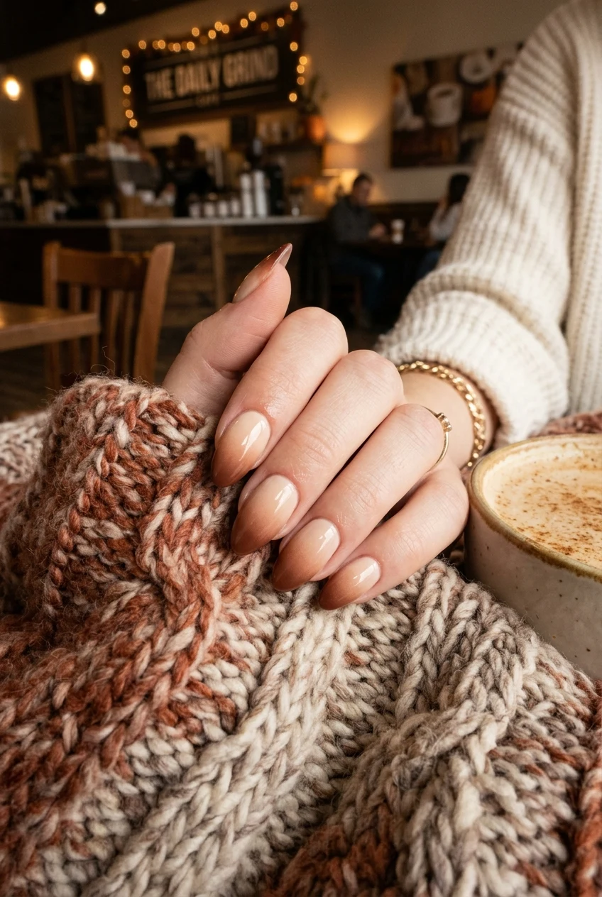 6. Cinnamon Chai Latte Ombre - simple fall nails (AI Generated Image)