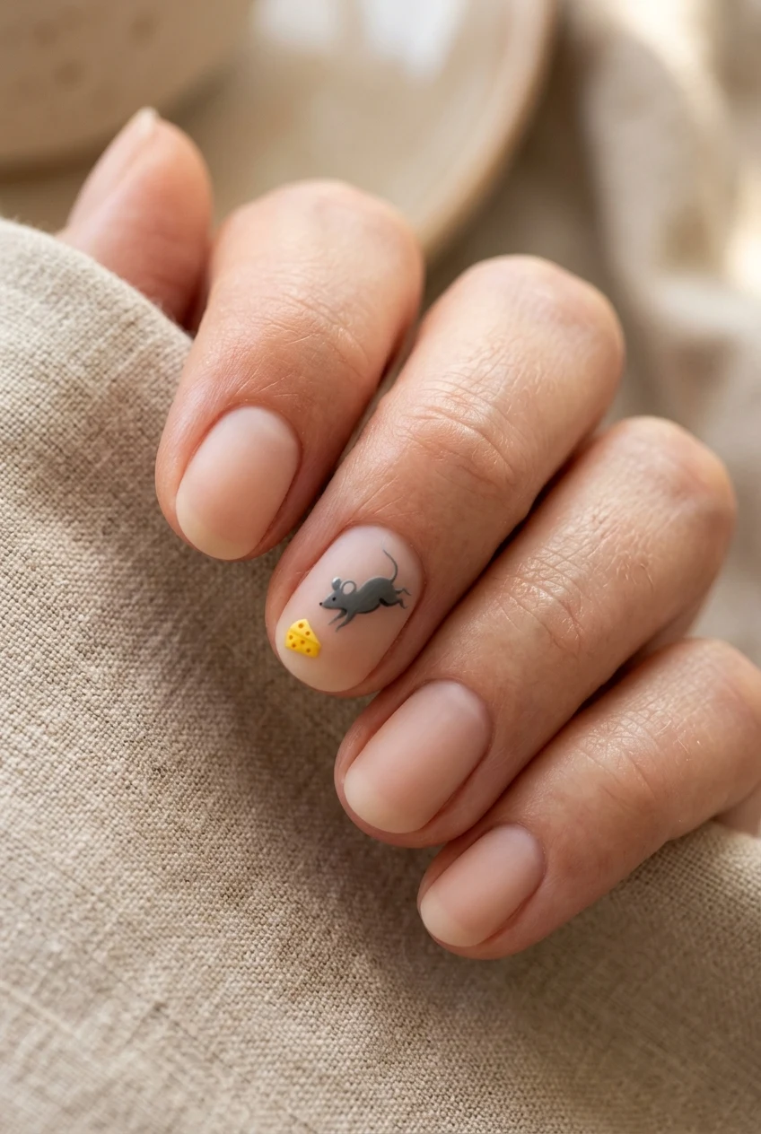 8. Circus Mouse Tiny Tail & Golden Cheese Minimalist - coraline nails (AI Generated Image)