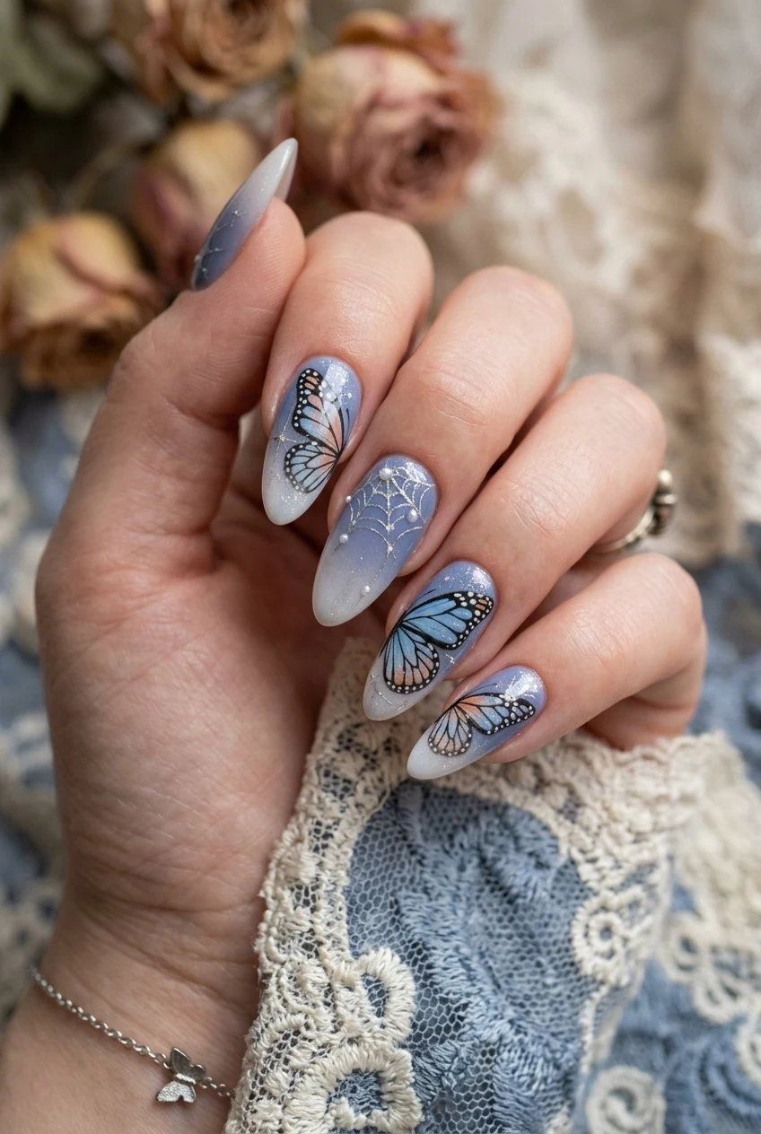 12. Corpse Bride Fluttering Blue Butterflies - coraline nails (AI Generated Image)