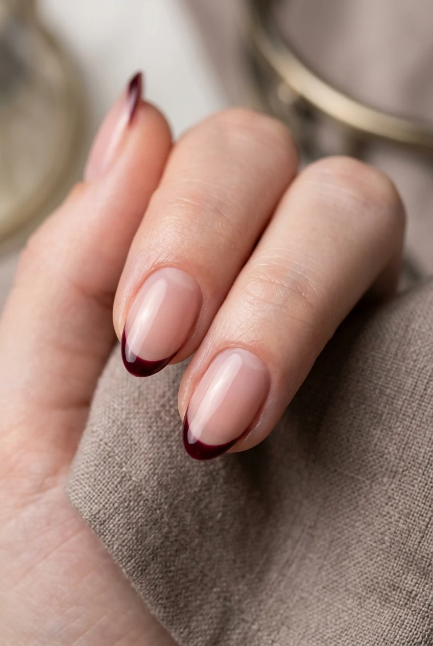 12. Deep Merlot Wine Micro-Crescent Cuticles - simple fall nails (AI Generated Image)