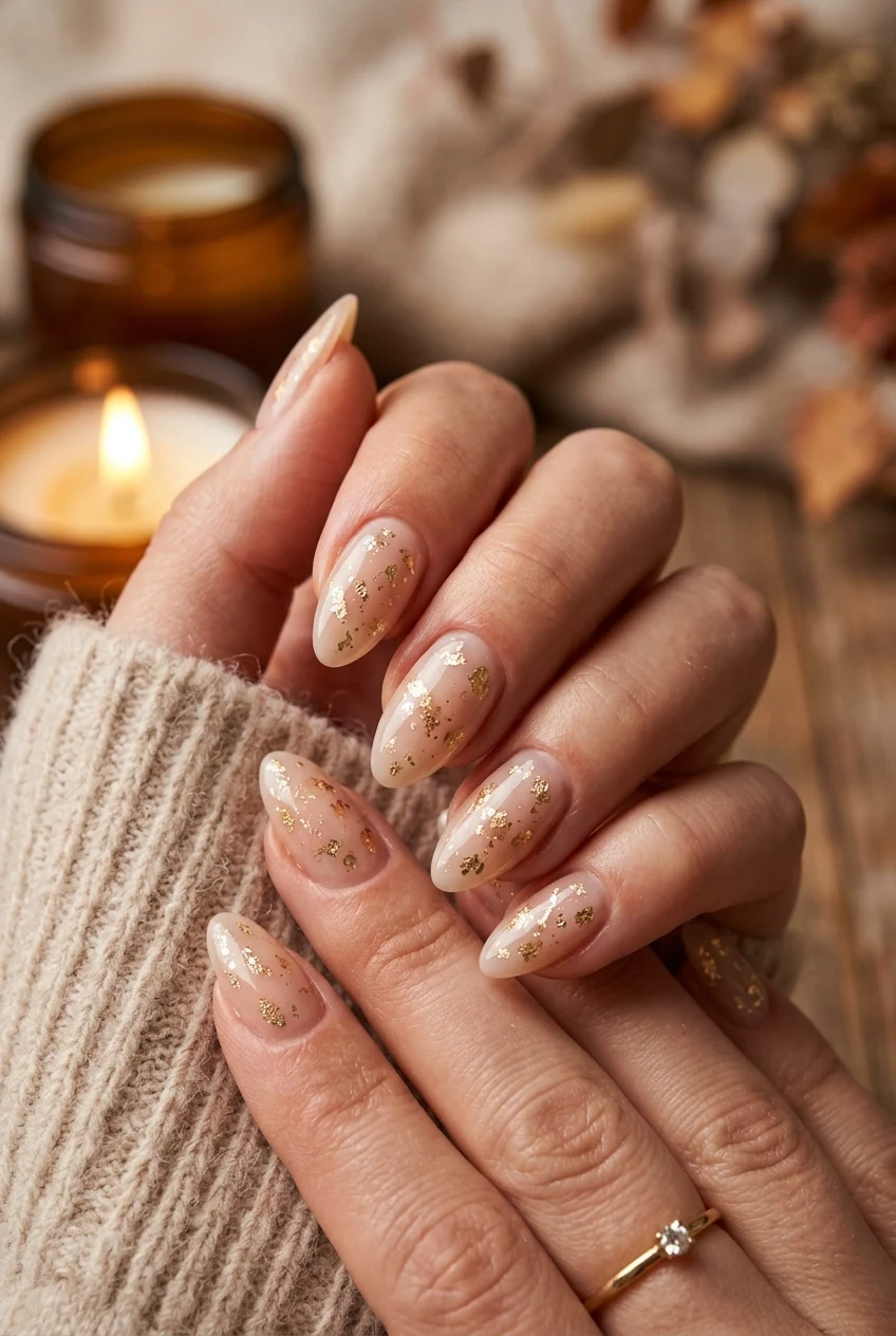 8. Delicate Gold Foil Maple Accents - simple fall nails (AI Generated Image)