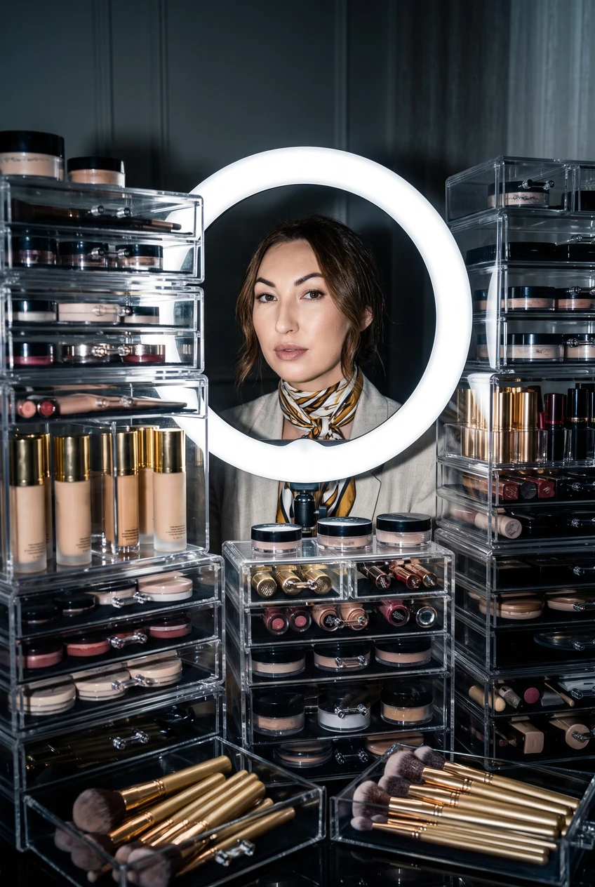 4. Editorial Flash Photoshoot with Ring Light & Acrylic Organizer Grid - makeup artist aesthetic (AI Generated Image)
