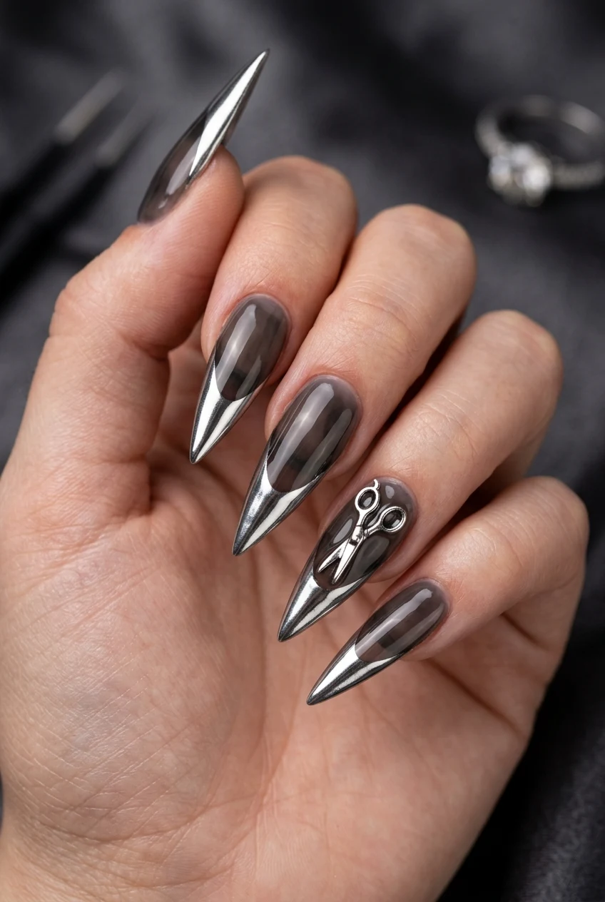 14. Edward Scissorhands Chrome Blade Tips - coraline nails (AI Generated Image)