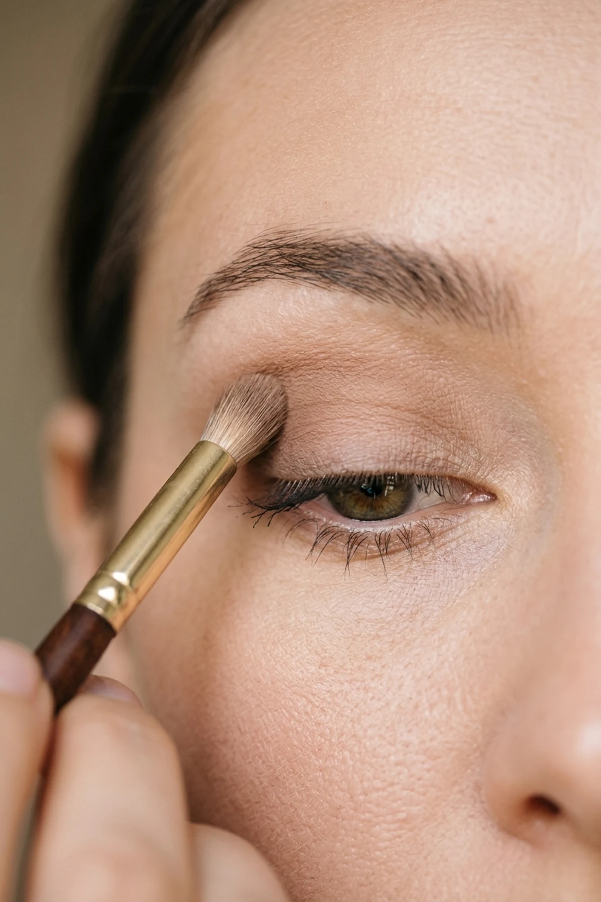 15 Step-by-Step Eye Makeup Tutorials: Flattering Eye Looks Mapped by Eye Shape (2026) 18 Close-up editorial macro photo of a tapered brush applying warm taupe matte eyeshadow into the orbital crease on an almond eye in soft natural light (AI Generated Image)