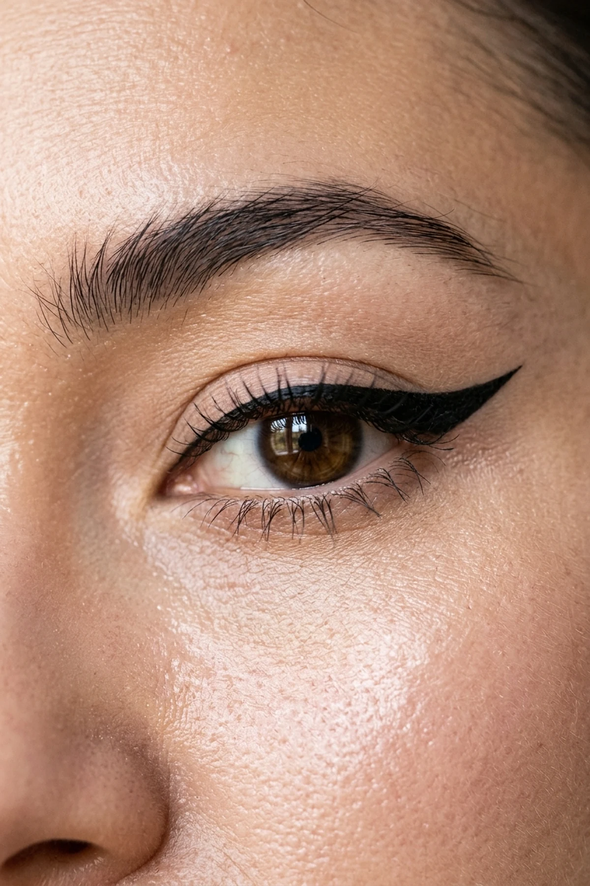 15 Step-by-Step Eye Makeup Tutorials: Flattering Eye Looks Mapped by Eye Shape (2026) 27 Macro beauty photo showing bat-wing cat-eye eyeliner mapped cleanly across an open outer eyelid fold with fanned dark lashes (AI Generated Image)