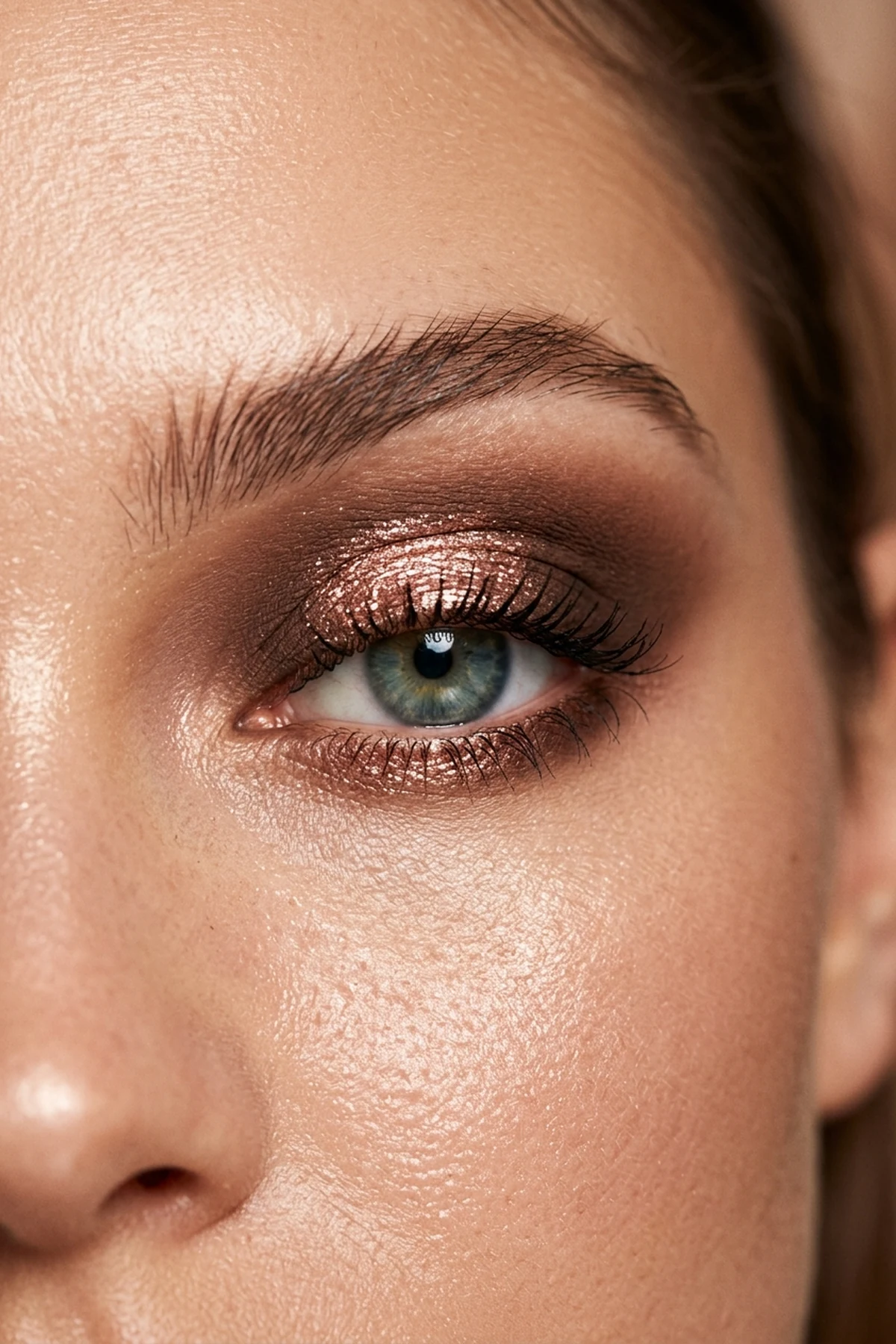 15 Step-by-Step Eye Makeup Tutorials: Flattering Eye Looks Mapped by Eye Shape (2026) 28 Editorial close-up of a bronze and rose-gold halo eye makeup tutorial with glowing center-lid highlight flanked by matte cocoa corners (AI Generated Image)
