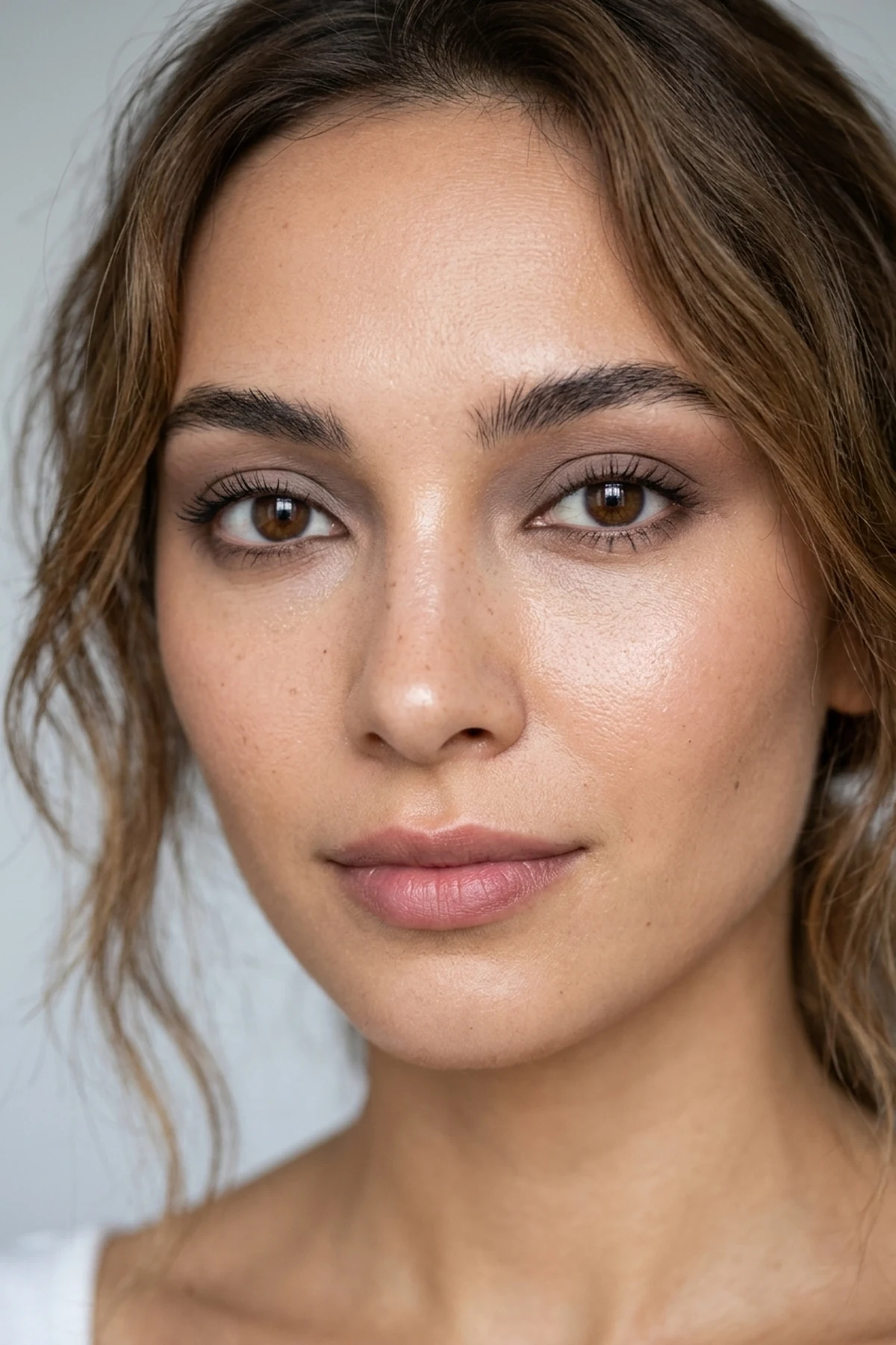 15 Step-by-Step Eye Makeup Tutorials: Flattering Eye Looks Mapped by Eye Shape (2026) 29 Close-up studio beauty portrait showing soft taupe inner-crease and nose-bridge shading that visually draws wide-set eyes closer together (AI Generated Image)