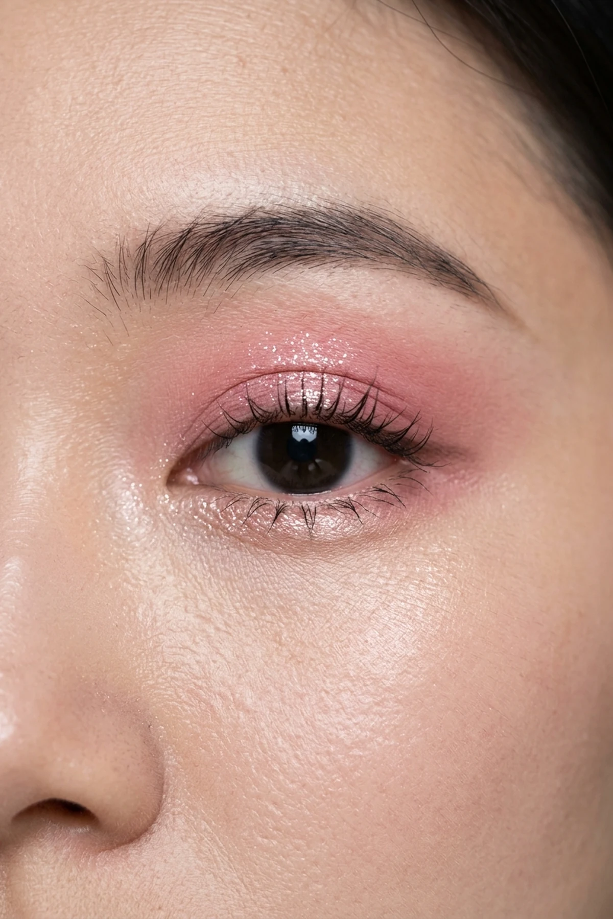 15 Step-by-Step Eye Makeup Tutorials: Flattering Eye Looks Mapped by Eye Shape (2026) 30 Macro beauty close-up of Douyin rose-pink eye makeup with a sculpted aegyo-sal lower lid contour and crystal champagne shimmer on the center lid (AI Generated Image)