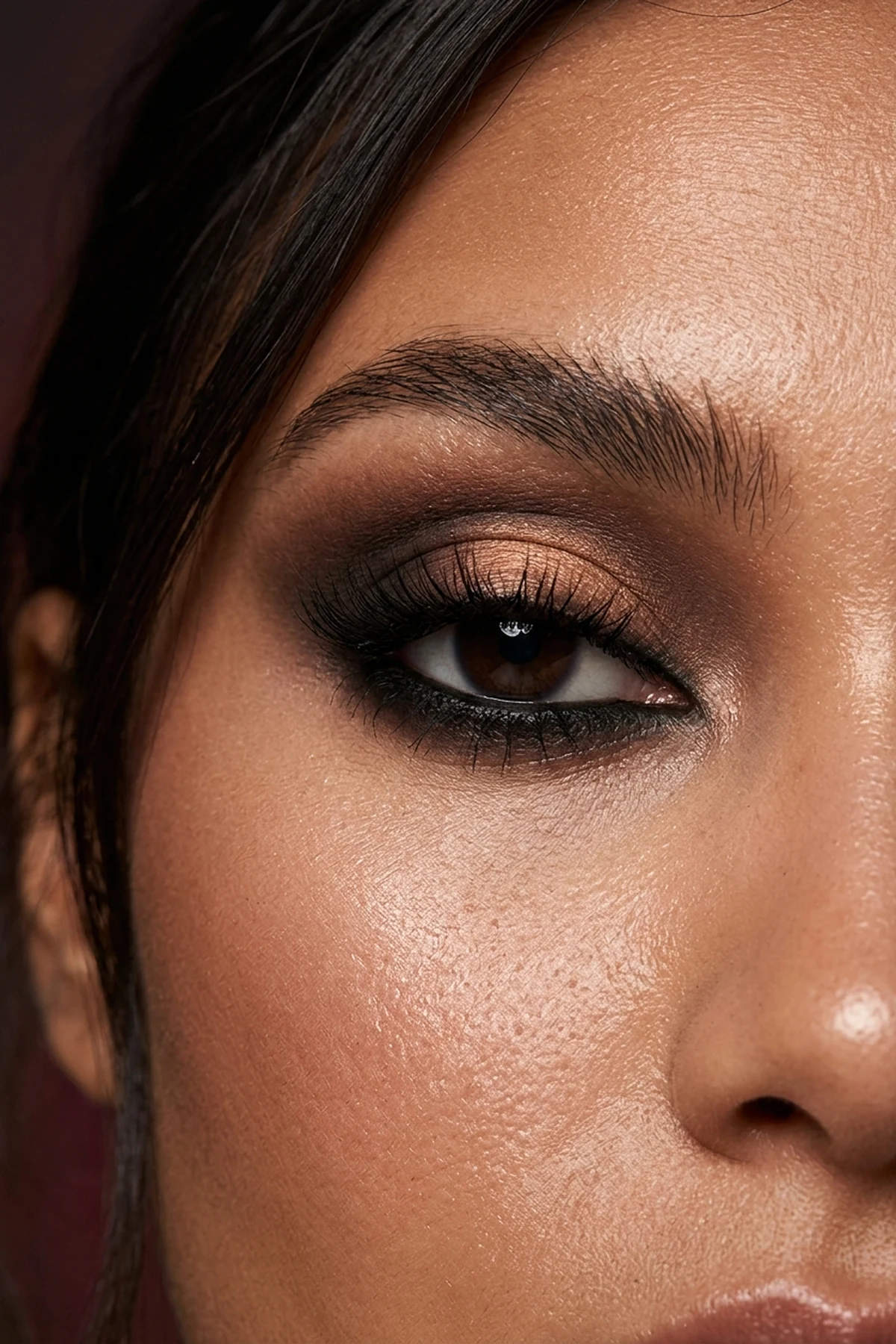 15 Step-by-Step Eye Makeup Tutorials: Flattering Eye Looks Mapped by Eye Shape (2026) 31 Sultry close-up beauty portrait of kohl-rimmed brown-black smokey eye makeup with smudged lash roots and satin bronze lid dimension (AI Generated Image)