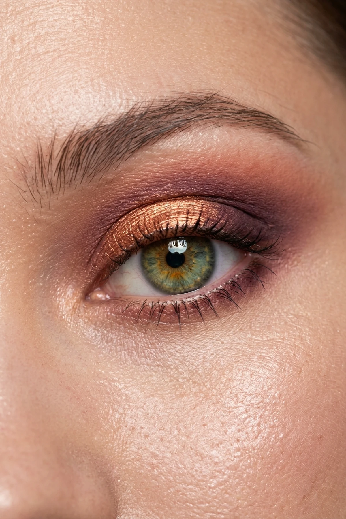 15 Step-by-Step Eye Makeup Tutorials: Flattering Eye Looks Mapped by Eye Shape (2026) 32 Editorial beauty macro showing complementary copper, plum, and warm terracotta eyeshadow placement over the center iris to intensify eye color (AI Generated Image)