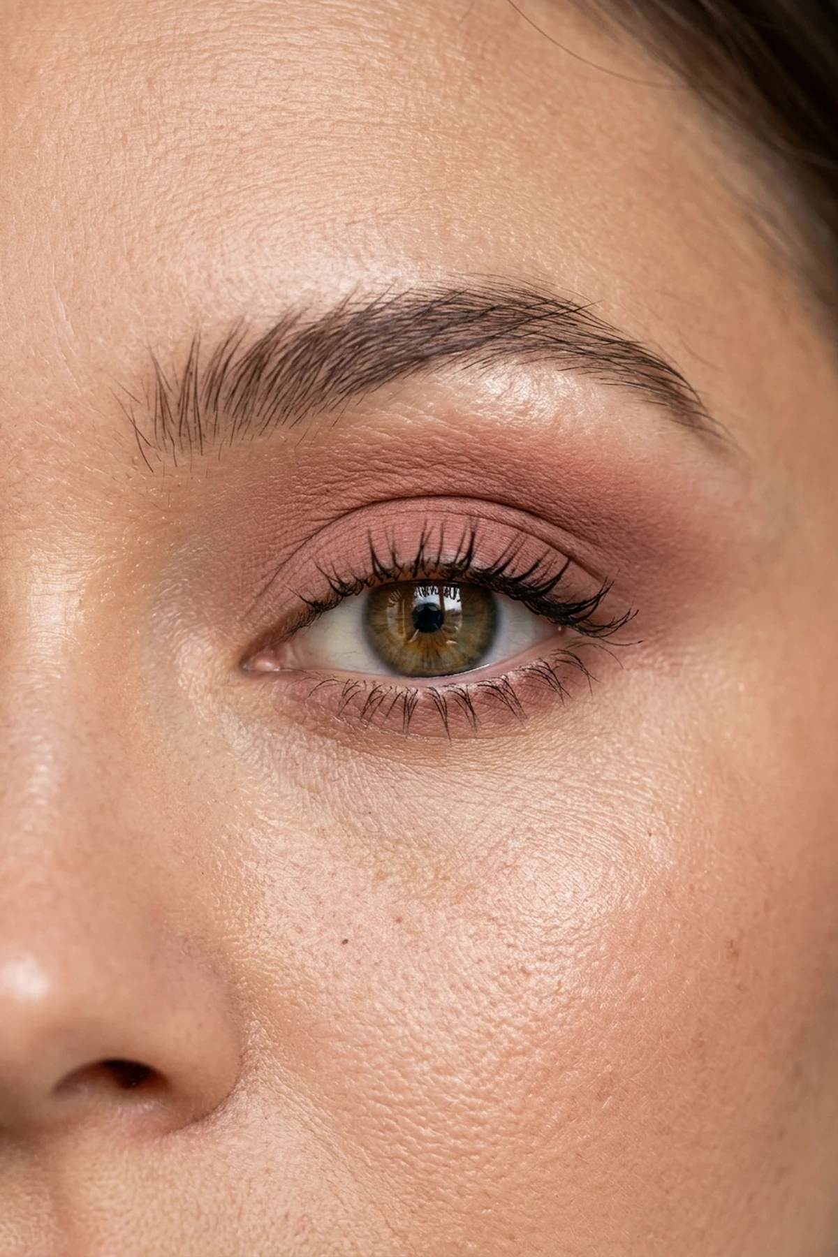15 Step-by-Step Eye Makeup Tutorials: Flattering Eye Looks Mapped by Eye Shape (2026) 19 Step-by-step macro beauty portrait showing faux crease eyeshadow placement two millimeters above a hooded eyelid fold in warm rose-brown tones (AI Generated Image)