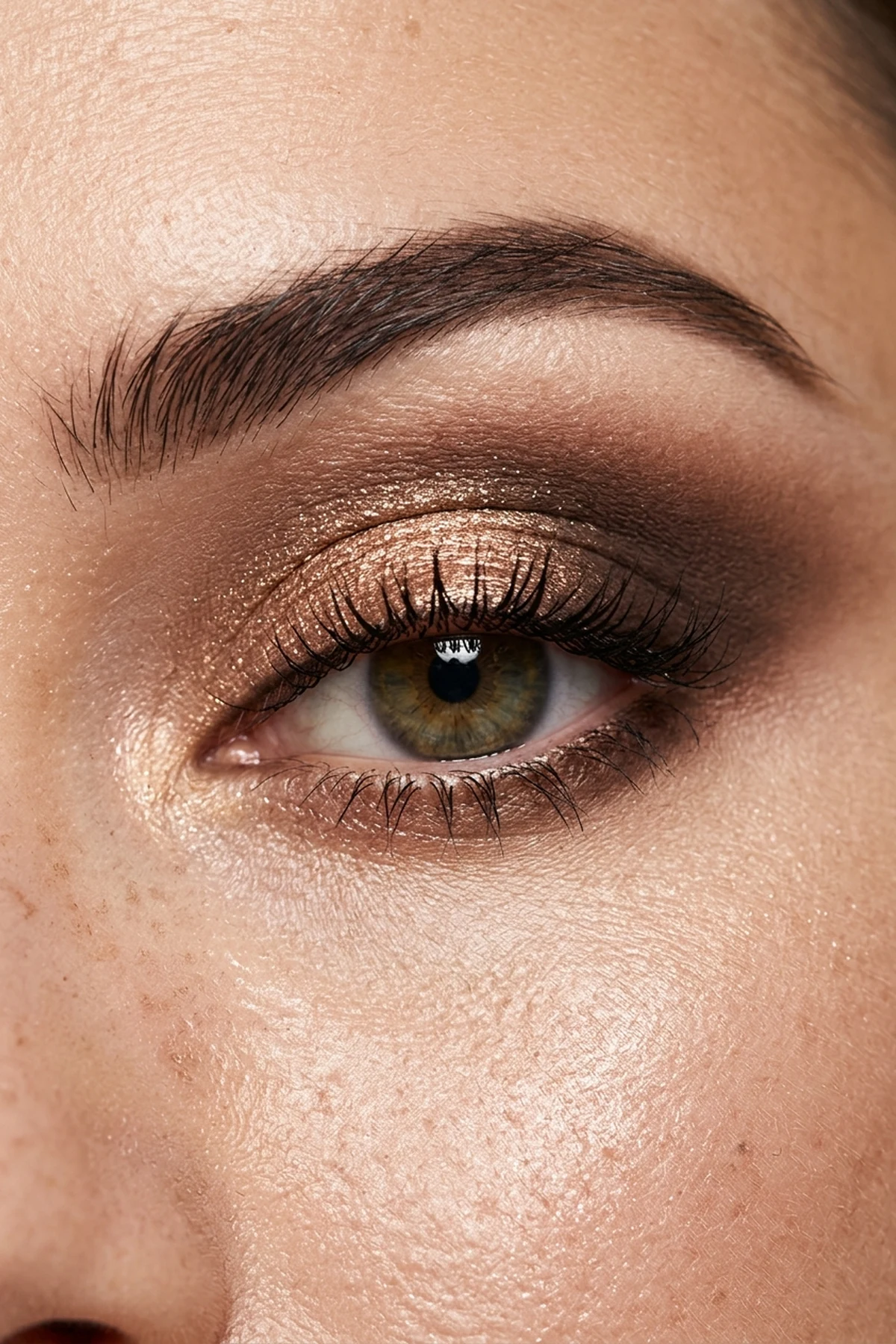15 Step-by-Step Eye Makeup Tutorials: Flattering Eye Looks Mapped by Eye Shape (2026) 20 Editorial close-up of soft brown smokey eye makeup with diffused espresso outer-V shading and warm bronze shimmer on the mobile lid (AI Generated Image)