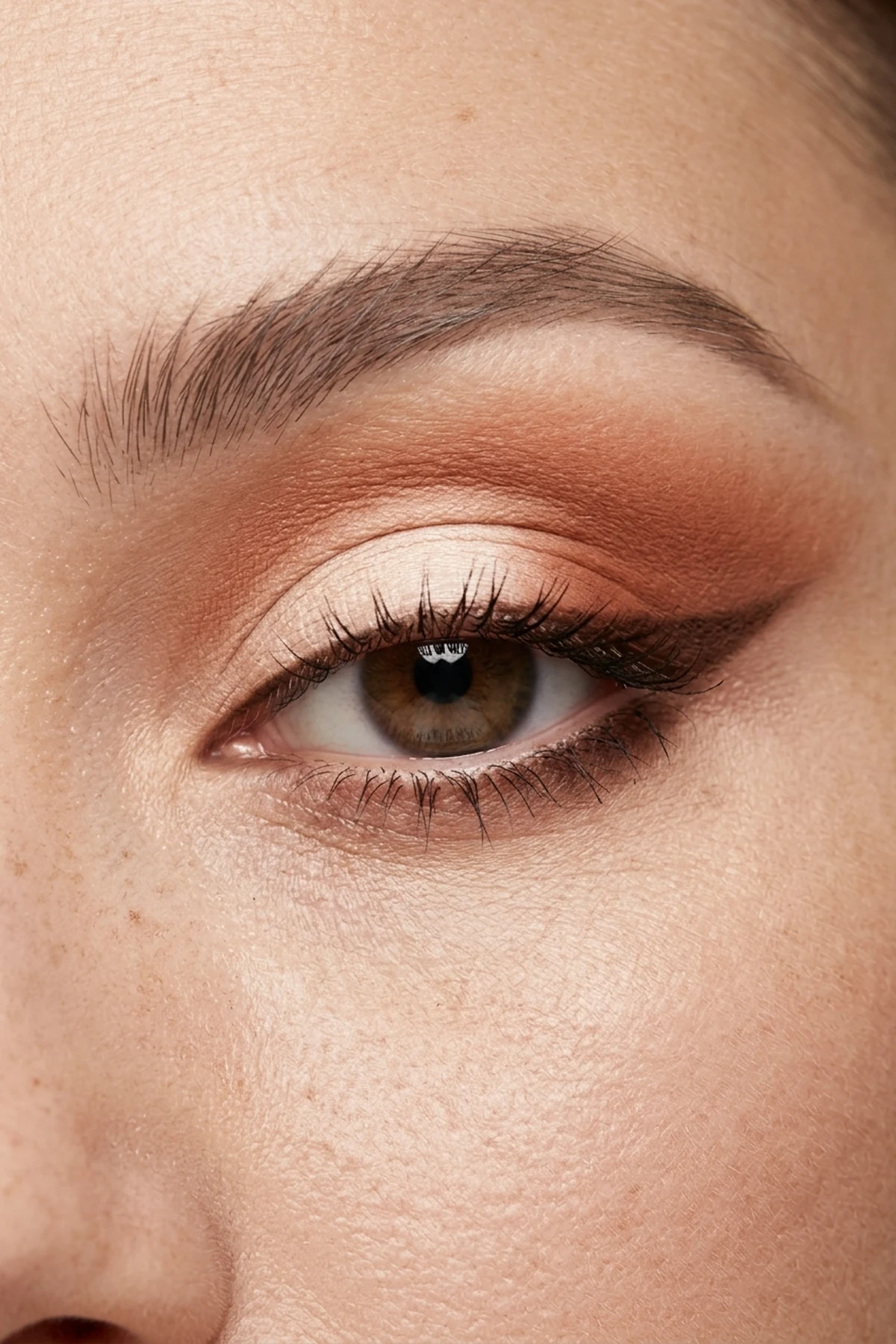 15 Step-by-Step Eye Makeup Tutorials: Flattering Eye Looks Mapped by Eye Shape (2026) 22 Editorial close-up of a round eye elongated with horizontal terracotta crease shading and a diffused outer-third lower lash smudge (AI Generated Image)