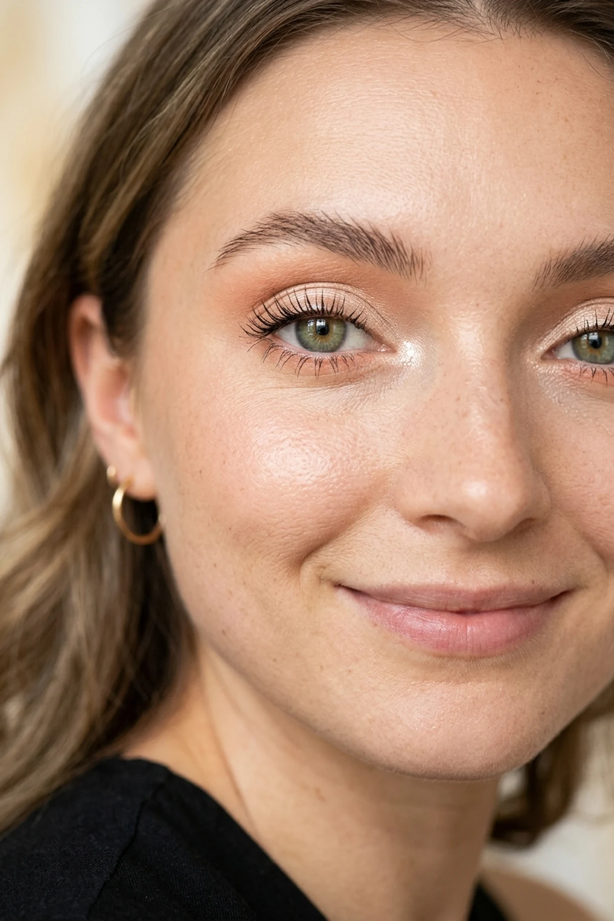 15 Step-by-Step Eye Makeup Tutorials: Flattering Eye Looks Mapped by Eye Shape (2026) 23 Close-up beauty photo of deep-set eyes brightened with luminous champagne satin eyeshadow on the mobile lid and inner tear duct (AI Generated Image)