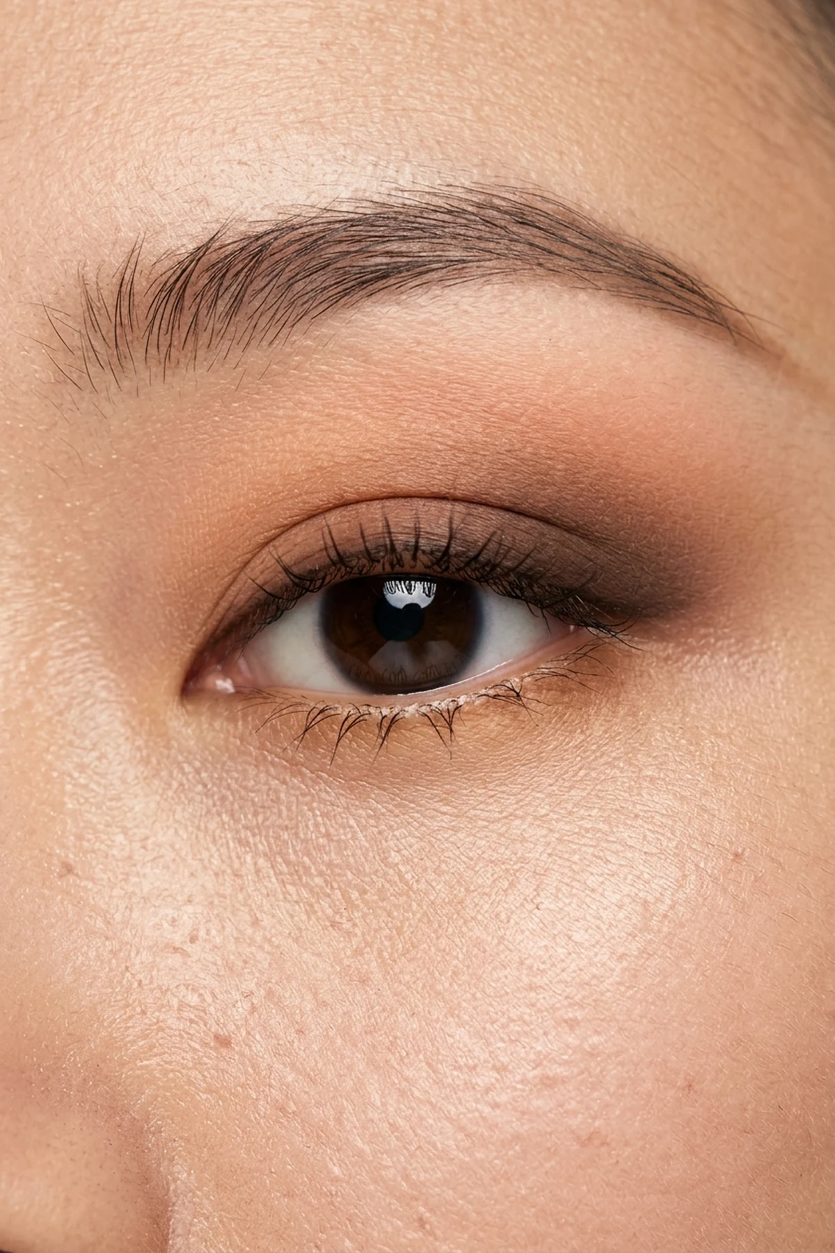 15 Step-by-Step Eye Makeup Tutorials: Flattering Eye Looks Mapped by Eye Shape (2026) 24 High-resolution macro portrait of a monolid eye featuring a smooth vertical ombré gradient from rich cocoa at the lash line to soft peach near the brow (AI Generated Image)