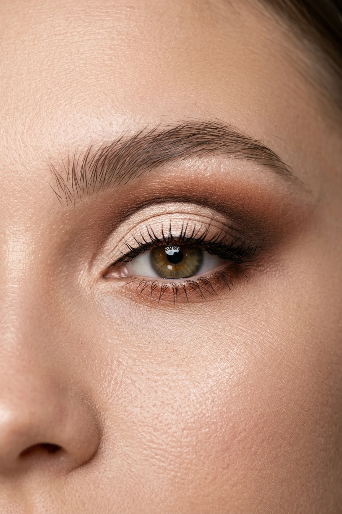 15 Step-by-Step Eye Makeup Tutorials: Flattering Eye Looks Mapped by Eye Shape (2026) 26 Editorial macro close-up of a soft half-cut crease eye makeup look with crisp champagne inner lid carving blended into warm cinnamon outer depth (AI Generated Image)