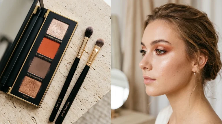 Editorial horizontal beauty showcase of step-by-step eye makeup tutorial brush placements across almond, hooded, round, and monolid eye shapes in warm terracotta and champagne tones