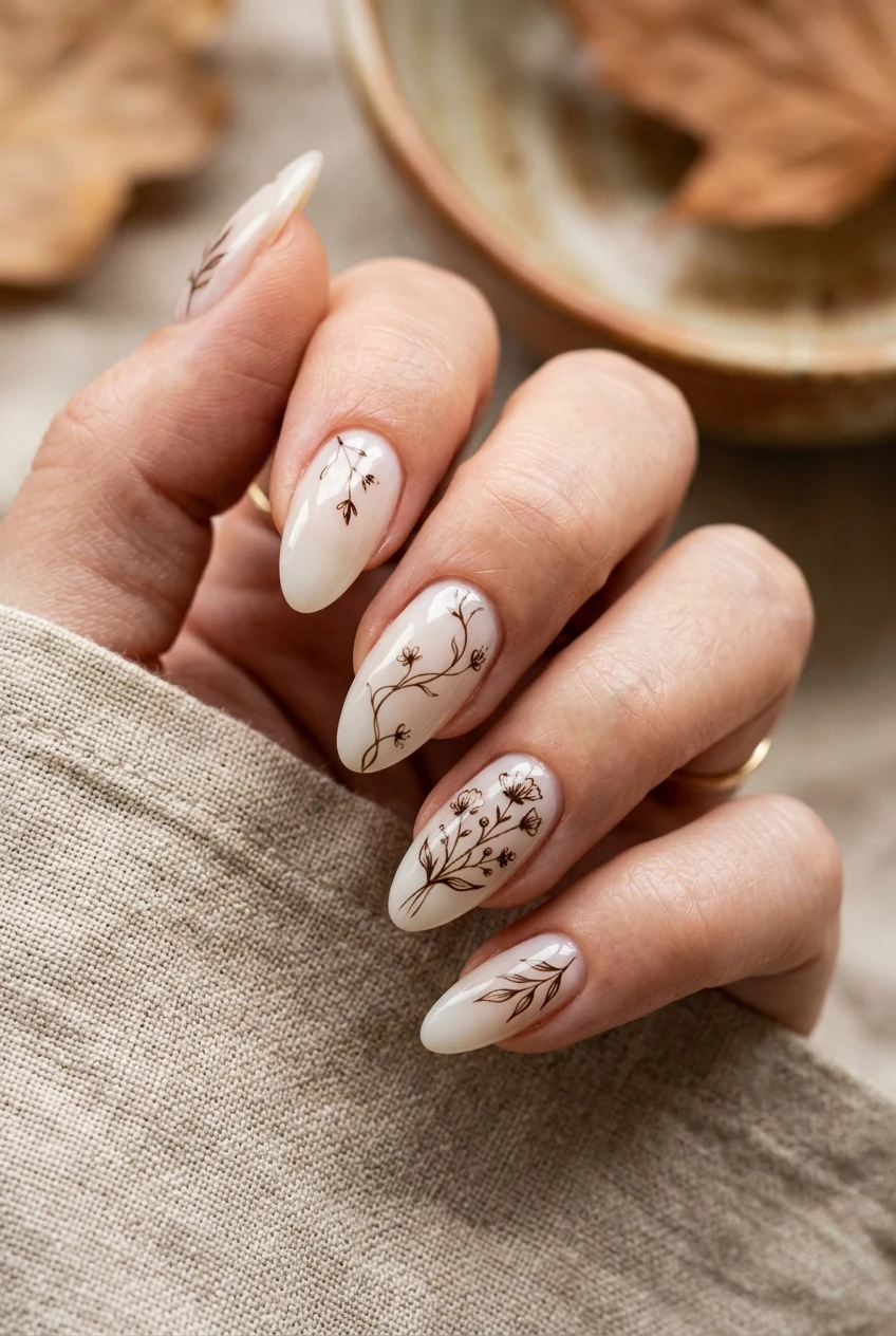 16. Fine Line Autumn Botanical Stems - simple fall nails (AI Generated Image)