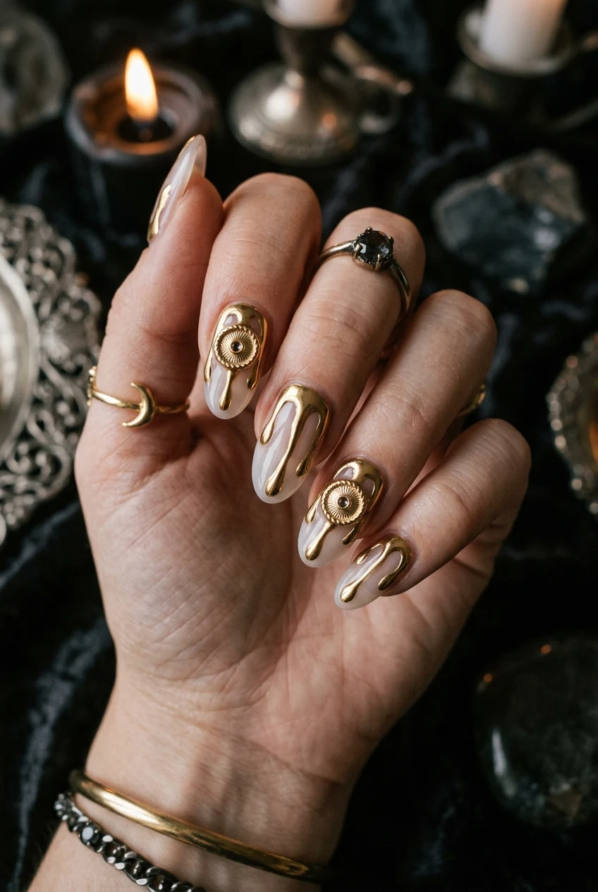 9. Ghost Children Golden Eye Tear Nails - coraline nails (AI Generated Image)