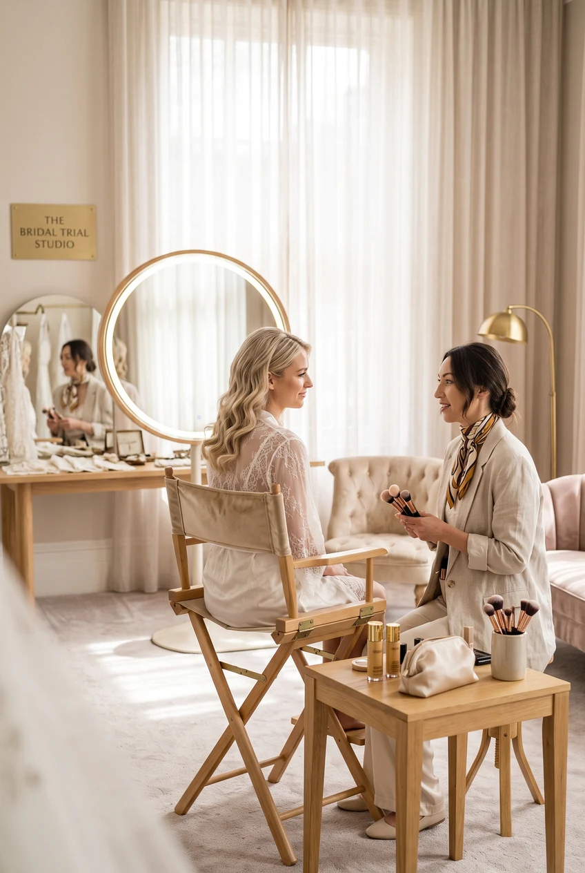 3. Golden Hour Bridal Trial Studio Aesthetic - makeup artist aesthetic (AI Generated Image)