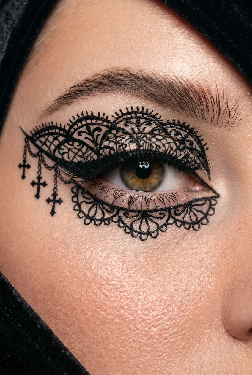 7. Gothic Victorian Cross & Antique Lace Eyeliner - halloween eyeliner (AI Generated Image)