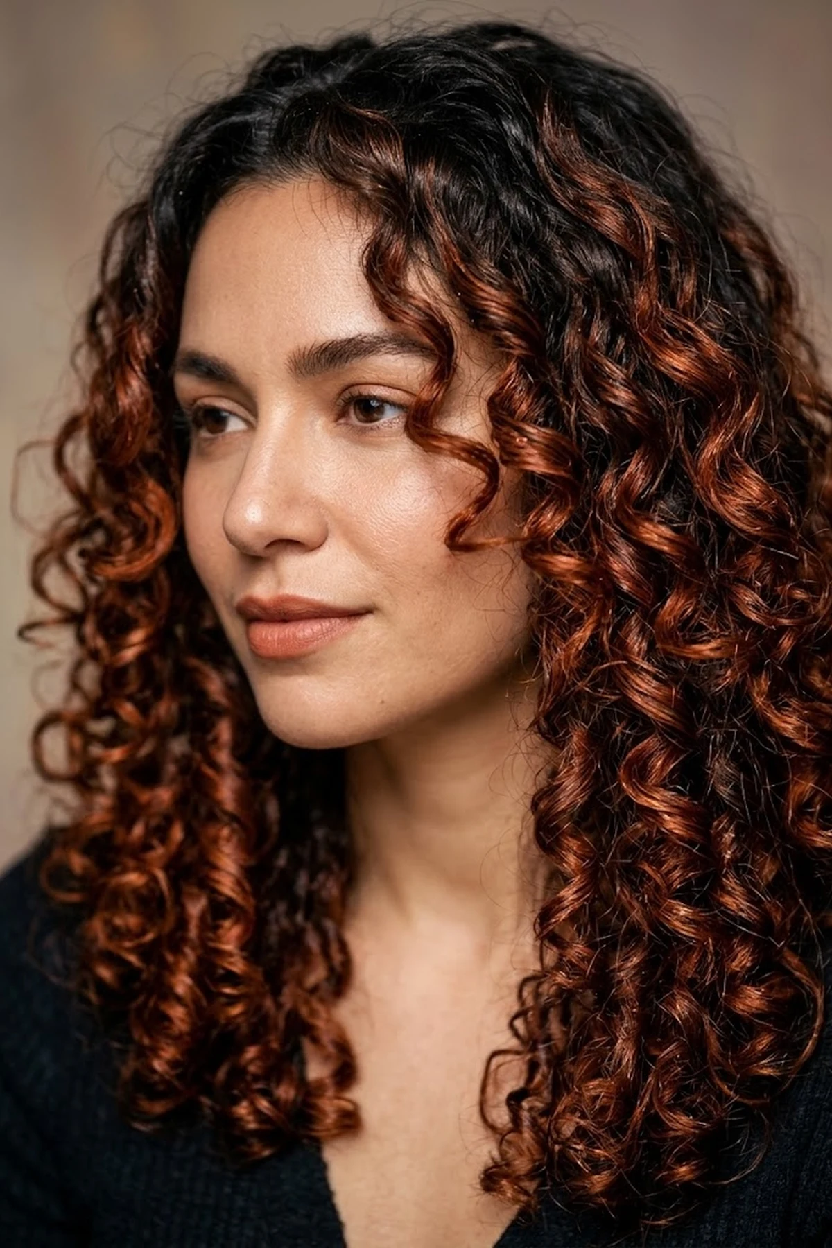 Portrait of glossy defined ringlets coated in spiced auburn hair makeup cream wax glowing with terracotta dimension in studio light (AI Generated Image)