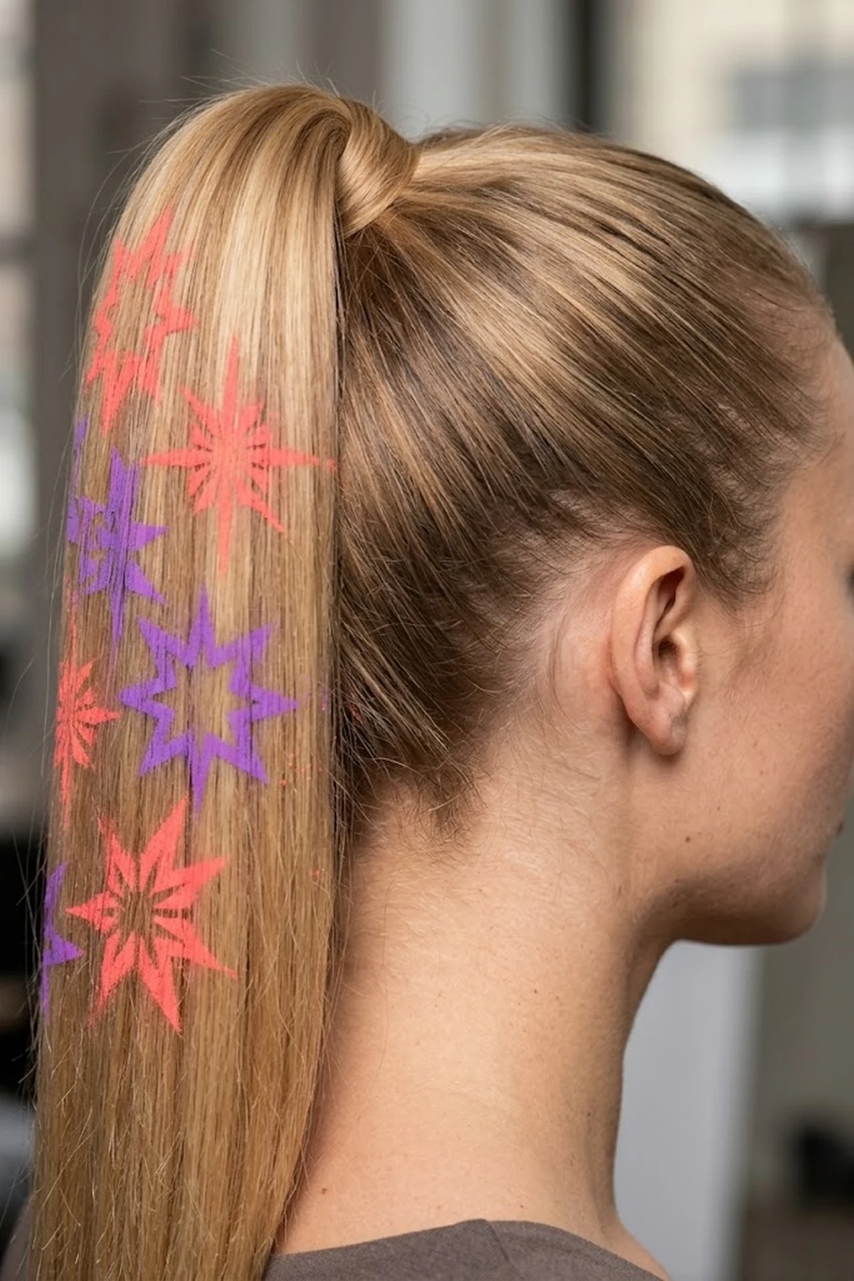 Close-up of a sleek blonde high ponytail stamped with neon coral and violet geometric star patterns using a hair chalk stencil (AI Generated Image)