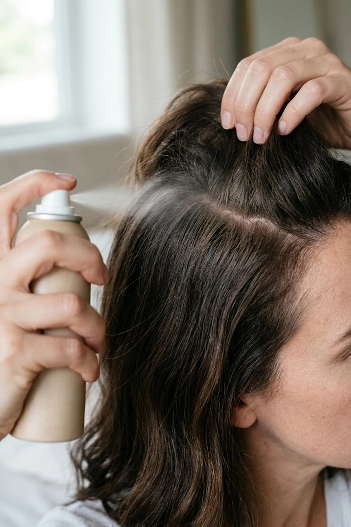 Beauty close-up of a woman spraying tinted root concealer dry shampoo at the crown of dark brown hair for lifted matte volume (AI Generated Image)