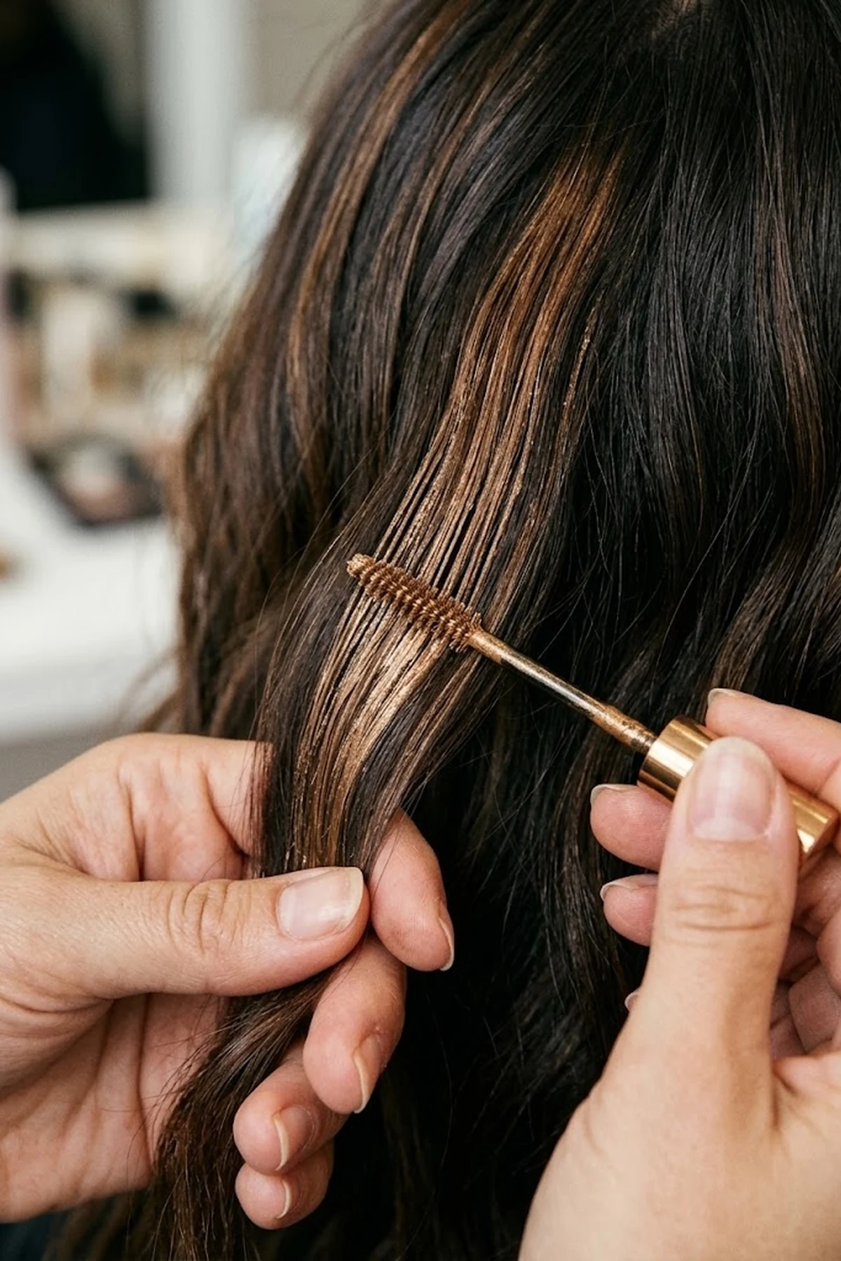 Macro shot of a golden bronze hair makeup wand brushing warm dimensional caramel highlight streaks onto wavy dark brunette hair (AI Generated Image)