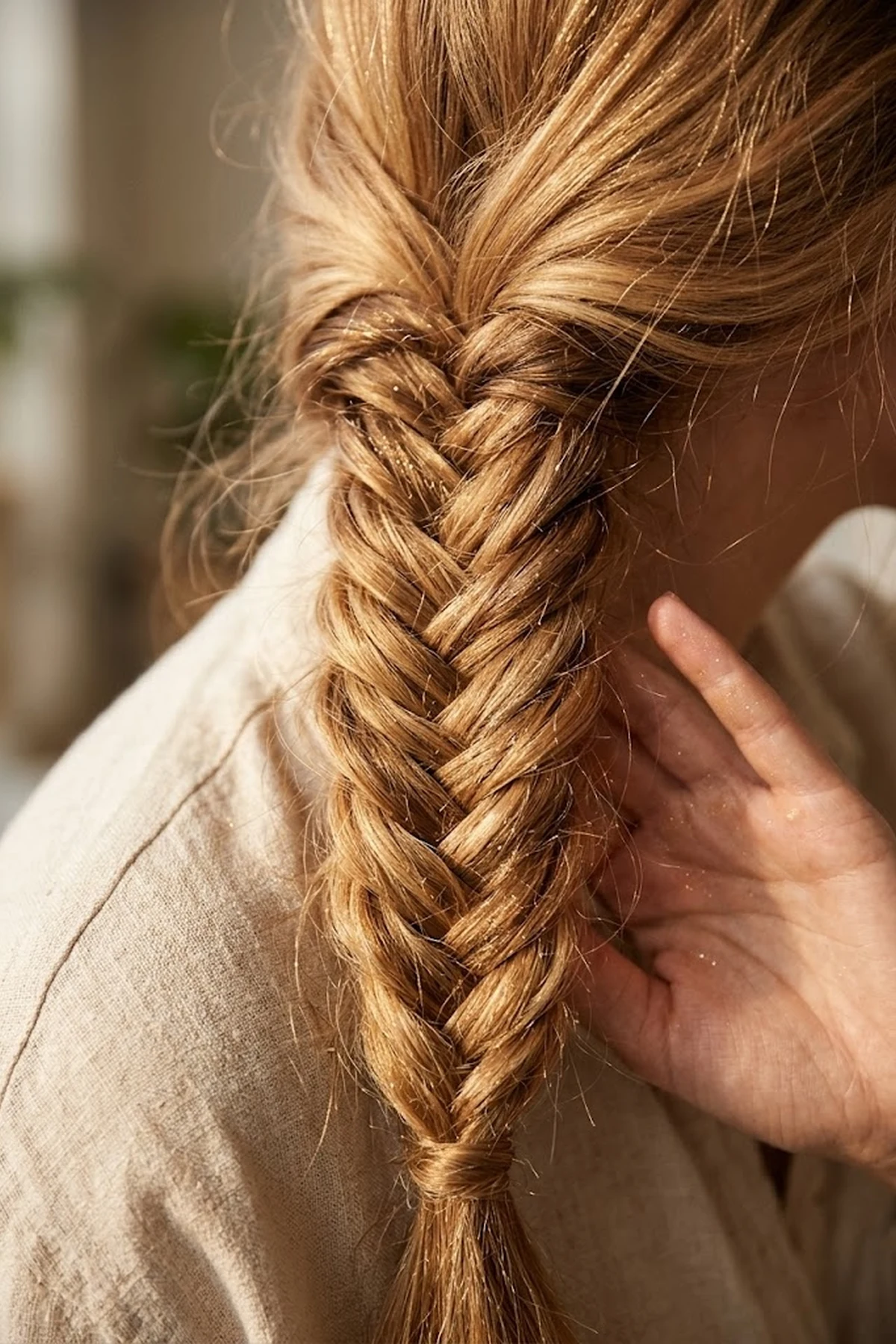 Close-up of a thick caramel-blonde fishtail braid misted with golden champagne shimmer hair makeup spray glowing in warm light (AI Generated Image)