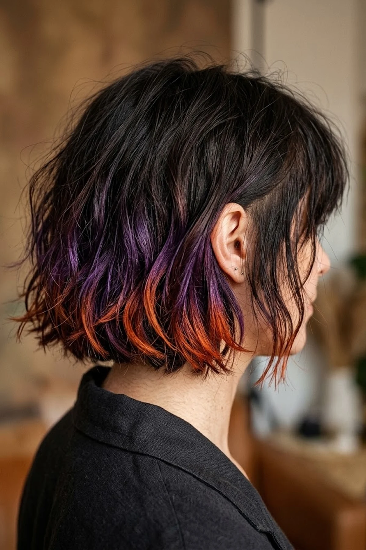 Editorial studio close-up of a tousled dark bob featuring a seamless violet-to-copper ombré hair makeup wax melt on the ends (AI Generated Image)