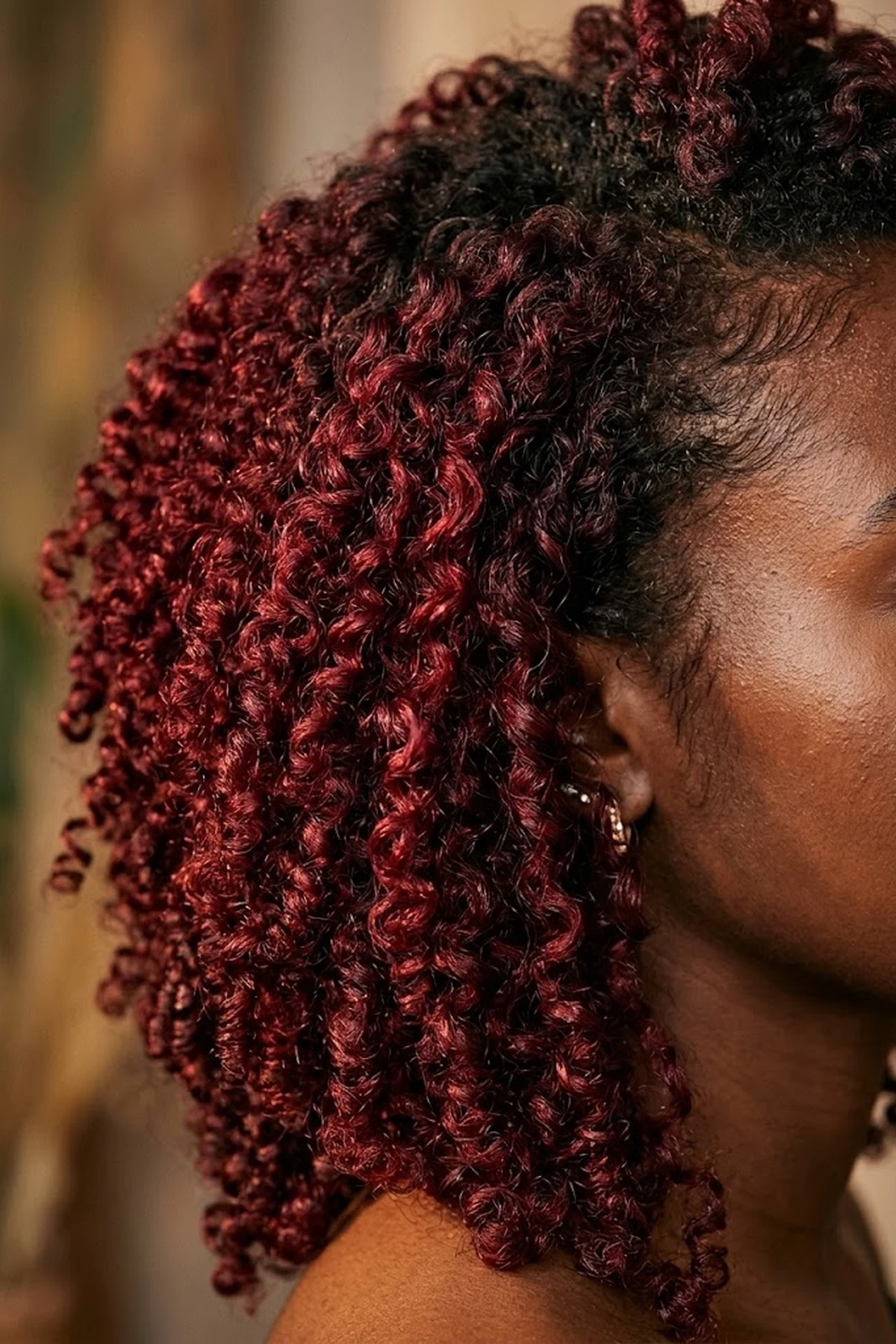 Editorial close-up of defined dark coils tinted with vibrant ruby red temporary curl color styling wax catching warm directional studio light (AI Generated Image)