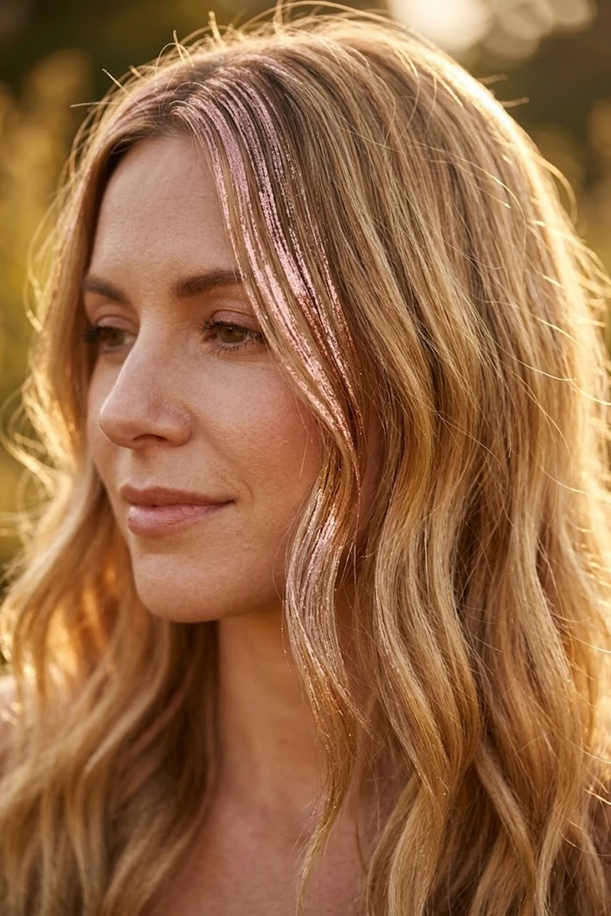 Close-up portrait of honey blonde hair with rose gold shimmer hair gel painted along face-framing money-piece strands in soft golden hour light (AI Generated Image)